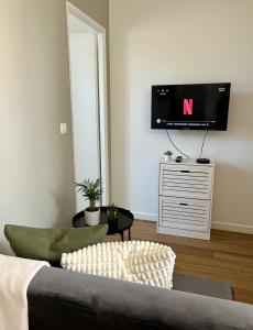 Una sala de estar con un sofá y un televisor de pantalla plana. en Noël en famille - 20 min Disneyland, en Meaux