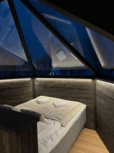 una cama en una habitación con una ventana grande en Shaman Village - Resort & Glass Igloos, en Rovaniemi