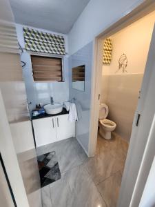 un baño con lavabo e inodoro en Lanina Harare Avenues Apartment, en Harare