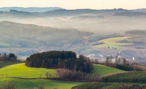 une vallée brumeuse avec des champs verdoyants et des arbres sur une colline dans l'établissement Ferienwohnung Sonnenring, à Heide 6 autres photos