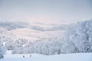 twee mensen skiën over een met sneeuw bedekte berg bij Le Saint-Laurent in Petite-Rivière-Saint-François