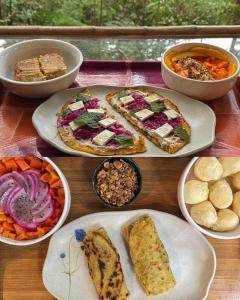 una tavola con piatti e ciotole di cibo di Cabana Floresta Amada a Ouro Preto