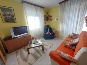 a living room with a couch and a tv at Il Maggiolino Mountain Apartment in Sondalo