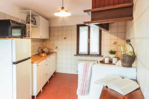 a kitchen with a white refrigerator and a red tile floor at Casa Lukezovi in Spignon