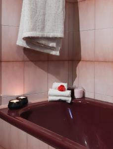 een badkamer met een bad, handdoeken en een wastafel bij Casa Lukezovi 