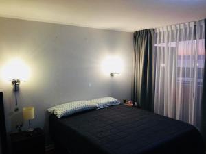 een slaapkamer met een bed met twee kussens en een raam bij Arriendo Iquique frente a Playa Brava in Iquique