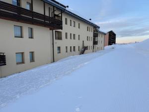 a snow covered street in front of a building at Top Residence Trilocale Larice in Passo del Tonale