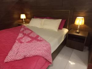 ein Schlafzimmer mit einem Bett mit einer rosa Decke und zwei Lampen in der Unterkunft Executive Studio Apartment Lahore in Lahore