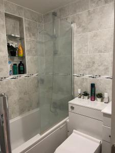 een badkamer met een douche, een toilet en een wastafel bij One Bedroom Flat in London Heathrow 20 minutes drive in Greenford