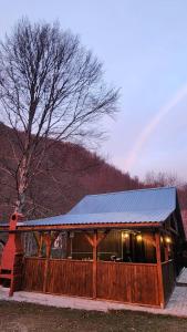 una cabina di legno con un tetto di lamiera blu di Cabana Pinolera a Boga