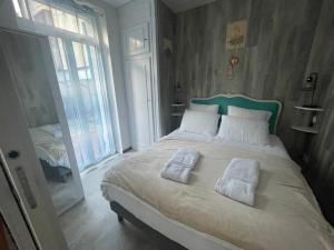 Un dormitorio con una cama con dos almohadas encima. en 3 pieces avec terrasse entre plage et centre ville, en Arcachon