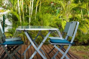 twee stoelen en een glazen tafel op een terras bij Dodo Coconut lagon Ermitage in Saint-Gilles-les-Bains