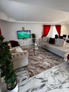 TV a/nebo společenská místnost v ubytování Résidence Les Camélias