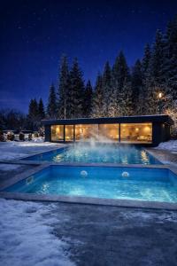 a house with a pool in the snow at night at SPA Hotel Nachiku in Bukovel