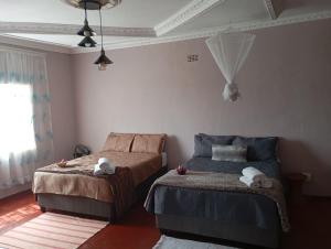 Bethel Oasis的一间卧室设有两张床,里面饲养着动物。