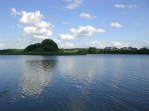 ein großer Wasserkörper mit Bäumen in der Ferne in der Unterkunft Ferienhaus direkt am See in Blankensee