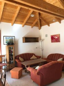 a living room with couches and a wooden ceiling at Ferienhaus am Plauer See in Lenz
