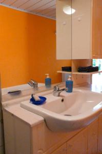 a bathroom with a sink and a mirror at Ferienhaushälfte Fleesensee in Silz +3 photos