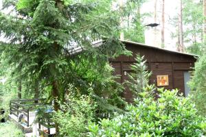 una capanna nel bosco con un albero di Ferienhaus beim Stechlinsee a Neuglobsow Altre 7 foto
