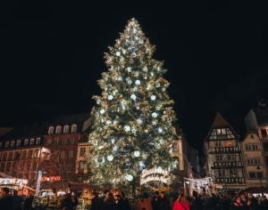 a christmas tree with people standing around it at BUDA Lodge 4 Alsace Eurométropole Strasbourg in Oberhausbergen