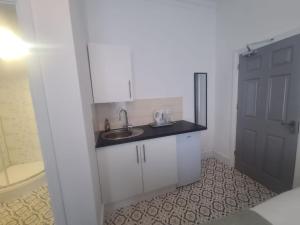 a bathroom with a sink and a toilet and a door at Modern Studios in Sunderland