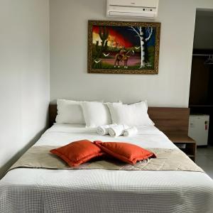 un letto con due cuscini e un quadro sul muro di Pousada Lagoa Seca a Juazeiro do Norte Altre 46 foto