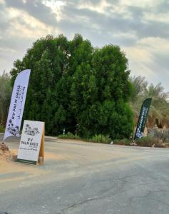 里瓦RV Palm Oasis的两个标志坐在路边