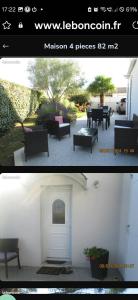 Twee foto's van een terras met meubilair en een deur. bij Chambre chez habitant in Saujon +3 foto's