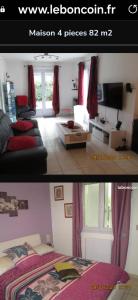 een woonkamer met een bed en een kamer met een tv bij Chambre chez habitant in Saujon