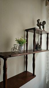 ein Holzregal mit einer Topfpflanze darauf in der Unterkunft Stan na dan - Apartman Centar Kakanj in Kakanj