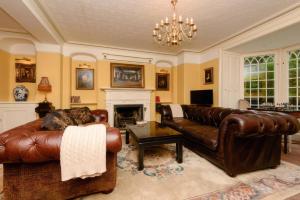 a living room with leather furniture and a fireplace at Ladye Park in Liskeard