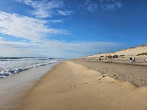 ein Strand mit Menschen, die auf dem Sand und dem Meer spazieren in der Unterkunft Cocon Les Pieds dans l'Eau- Les Hameaux de l'Océan in Carcans