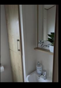 een badkamer met een wastafel en een spiegel bij SummerBreeze Retreat in Hartley