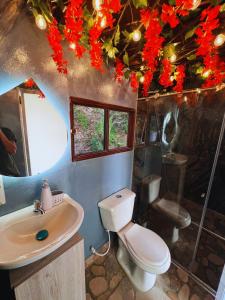 a bathroom with a toilet and a sink and a shower at Chalet Maranatha Vista Única Represa de Chivor in Macanal
