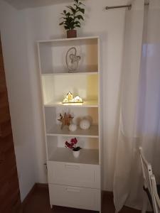 a white book shelf with a plant in a room at Anderer Apartment 2 in Liedolsheim +7 photos