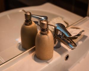 dos dispensadores de jabón sentados en la parte superior de un lavabo en Pensiunea Taka, en Orşova