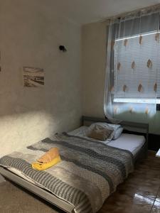 a twin bed in a bedroom with a window at Small Apartman in Pécs