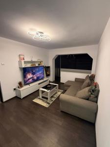 ein Wohnzimmer mit Sofa und Flachbildfernseher in der Unterkunft Sweet home lux RF in Buzău