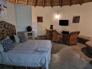 een slaapkamer met een bed en een tv en stoelen bij Out of Africa Lodge in Hartbeespoort