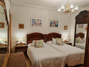 een slaapkamer met 2 bedden en een kroonluchter bij VIRGEN de ALFILERITOS in Toledo +81 foto's