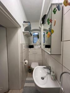 a bathroom with a sink and a mirror and a toilet at Kleine Auszeit - Raum für Ruhe und neue Energie in Weidenberg