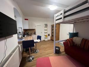 a living room with a loft bed and a kitchen at Kleine Auszeit - Raum für Ruhe und neue Energie in Weidenberg