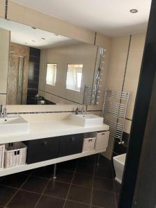 een badkamer met twee wastafels en een grote spiegel bij Valivillas Studio in Boekarest +40 foto's