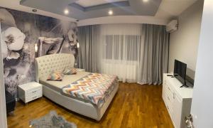 een slaapkamer met een bed en een televisie. bij Valivillas Studio in Boekarest