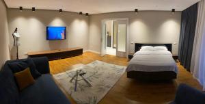 een slaapkamer met een bed, een bank en een tv bij Valivillas Studio in Boekarest
