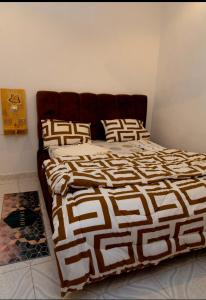 a bed with a brown and white blanket and pillows at Lumora Deluxe Apartment in Tanga