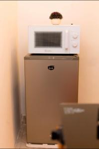 a microwave sitting on top of a refrigerator at Lumora Deluxe Apartment in Tanga