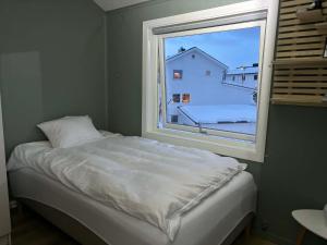 a bed in a room with a large window at Hogne's house in Tromsø