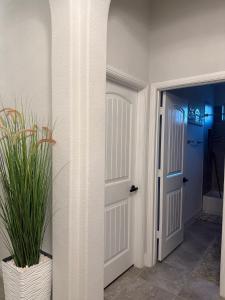 einen Flur mit einer weißen Tür und einer Topfpflanze in der Unterkunft Cozy, Modern, Family Fun Home near AT&T Stadium, Rangers, Six Flags, Epic Water Park in Arlington