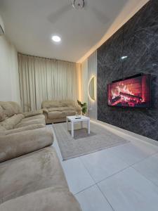 a living room with a couch and a tv on a wall at Opera43 Spacious & Central in Ghubrah